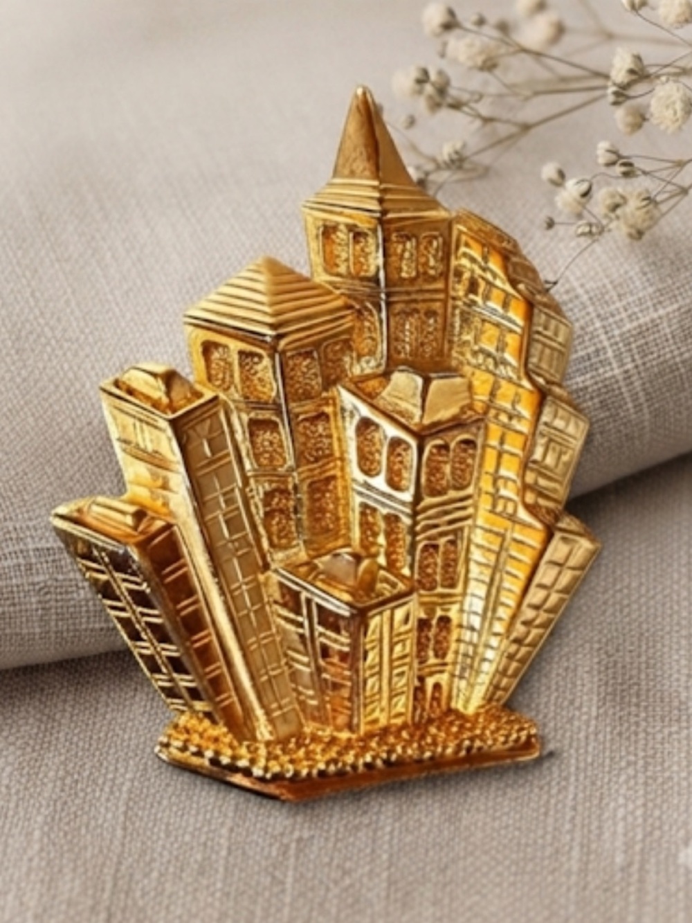 Vintage Gold Tone Cityscape Skyscraper Brooch Architectural Statement Brooch